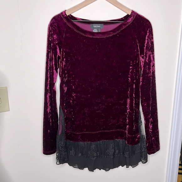 Karen Kane Long Sleeve Luxe Velvet Lace Chiffon Inset Berry Purple Top Size M - Picture 3 of 7